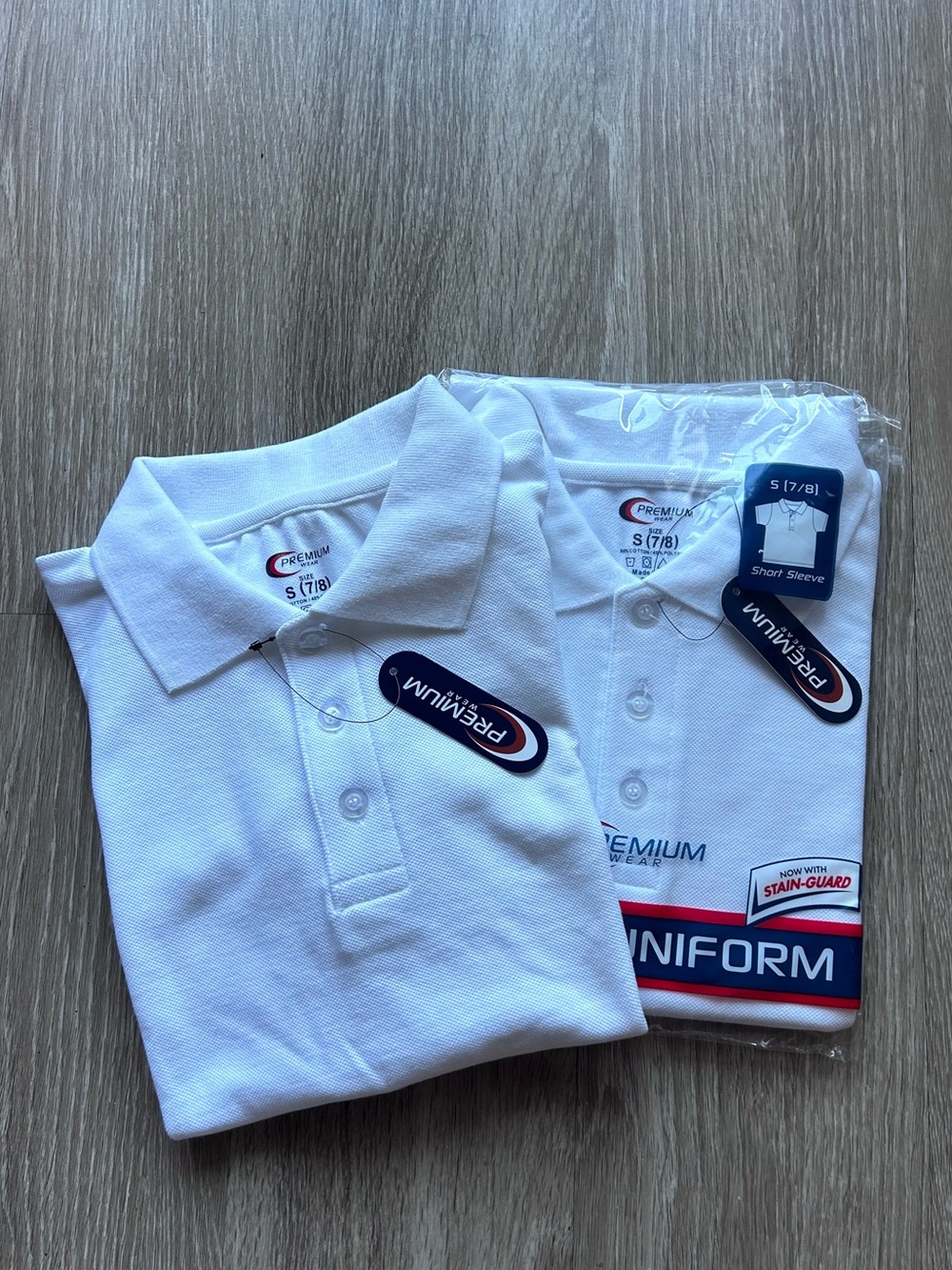 NWT Premium Wear Boys White School Uniform Short Sleeve Polos 2-Pack S 7/8